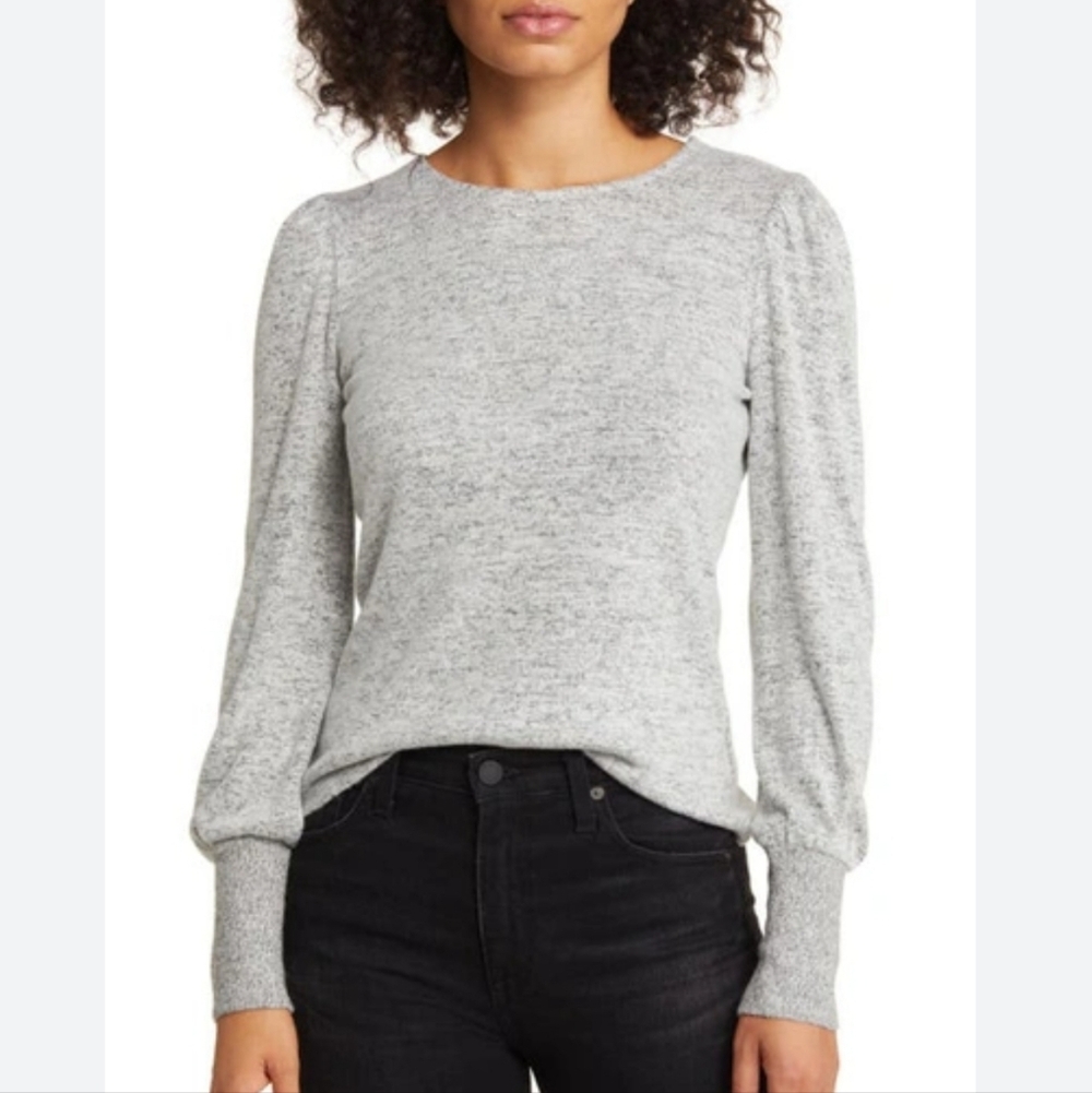 Gap Puff Shoulder Soft Knit Top Gray Long Sleeve Casual Workwear Blouse